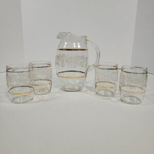 Vintage Juice Set Bartlett Collins Glass Pitcher 4 Glasses Golden Fruit Pattern‎